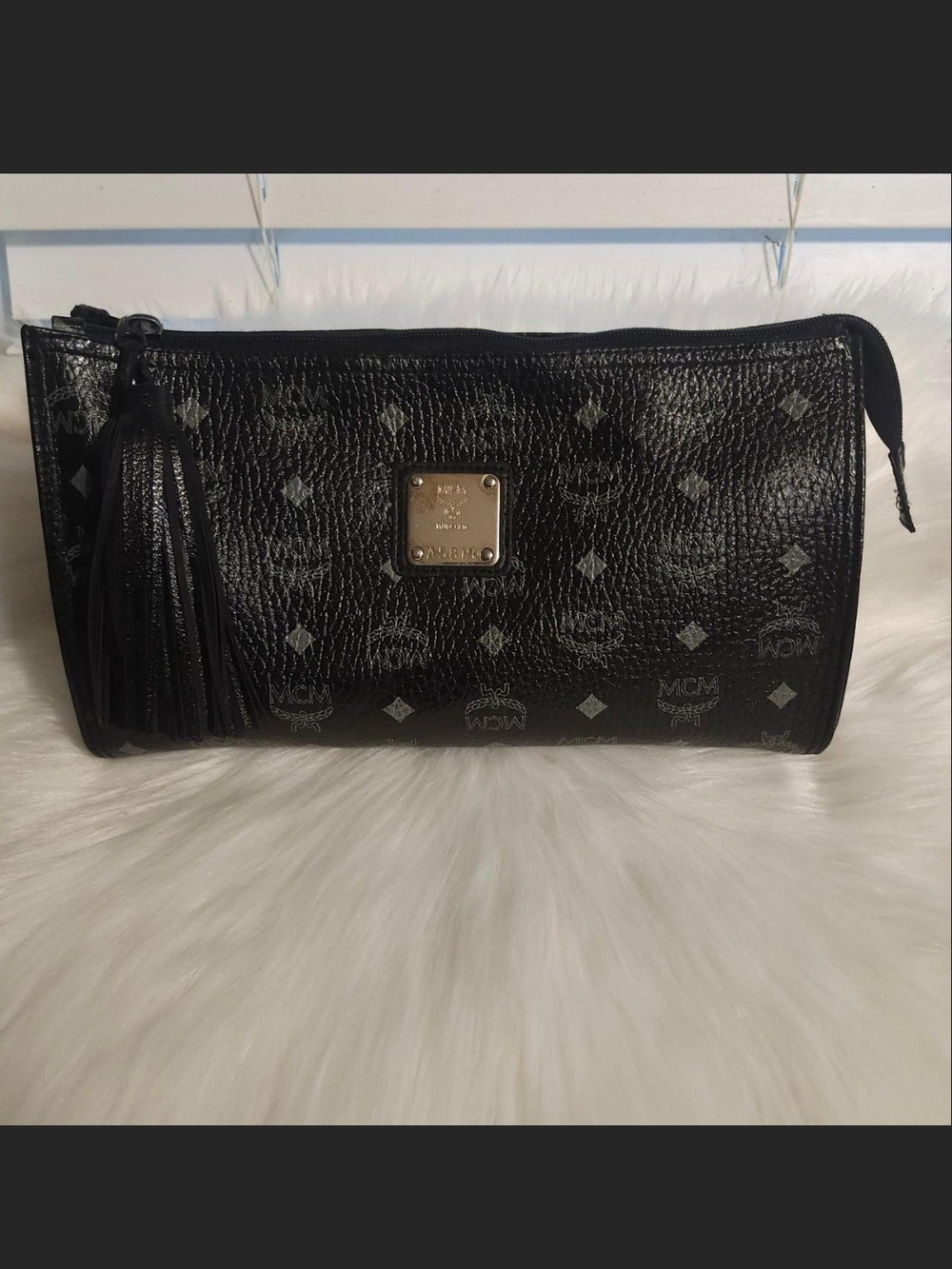 MCM Black/ Grey Visetos Tassel Zip Pouch with Logo Plaque